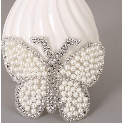 Hot-fix White Pearl Butterfly iron on Patches for clothing Adhesive Rhinestone Patch for Clothes DIY Heat Transfer for T-shirt F