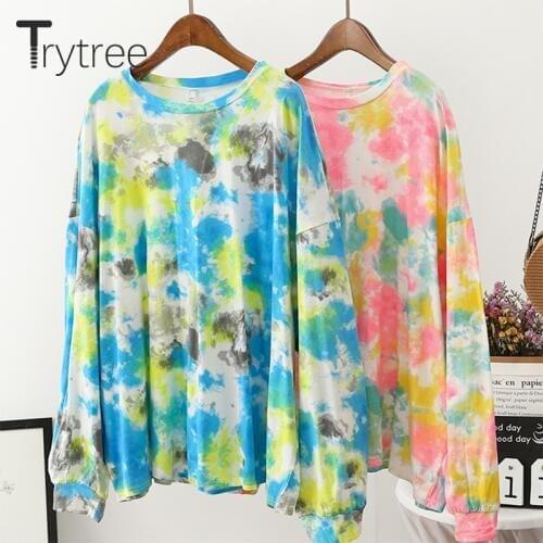 Trytree 2020 Autumn Women Casual Fashion T-Shirt O-neck Blue and Pink Color T shirt All-Purpose Style Cotton Loose T shirt Tops