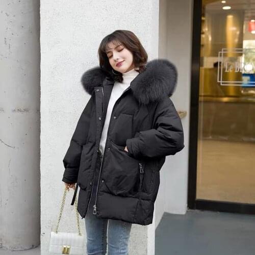 Women Coat Loose Office Ladies Solid Womens Winter Jacket Hooded with Real Fur Collar Thick Cotton Padded Plus Size Parkas X453