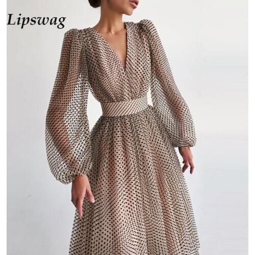 Vintage Polka Dot Women Party Dress 2021 Spring Autumn Sexy Deep V Long Dress Lady Mesh Puff Sleeve Elegant A-Line Dress Vestido