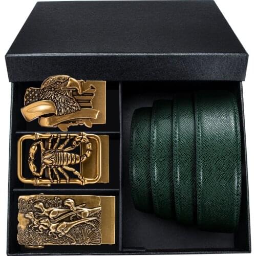 Fashion Automatic Buckle Green Leather Belts 3.5cm Luxury Cowskin Jeans Strap For Male Gift Box Set Ceinture Homme DiBanGu