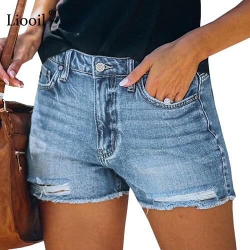 Liooil Blue Cotton Cut Off Ripped Stretch Denim Shorts Women Streetwear Mid Waist Pockets Wash Distressed Sexy Hole Jeans Shorts