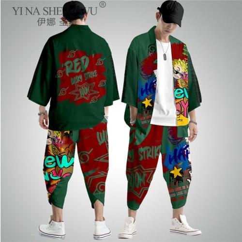 Japanese Style Vintage Kimono Haori Pants Jacket Set Men Traditional Harajuku Streetwear Samurai Cardigan Asian Fashion Clothing