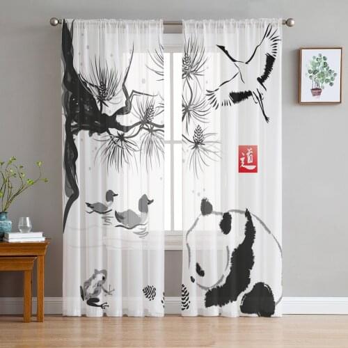 Animal Panda Branch Ink Painting Window Curtains for Living Room Kitchen Door Curtain Sheer Curtains for Bedroom
