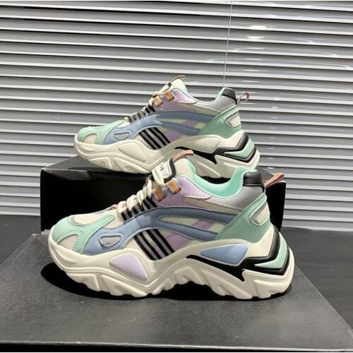 New Spring Womens Vulcanize Shoes Breathable Mesh Mixed Colors Lace-Up Chunky Mujer Zapatos Platform Sneakers Mujer Size 35-40