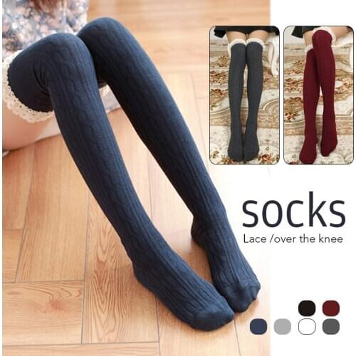 Women Winter Knitted Over Knee Socks Fashion Japan Style Sexy Lace Stockings Warm Thigh High Long Stockings Lady Cute Leggings