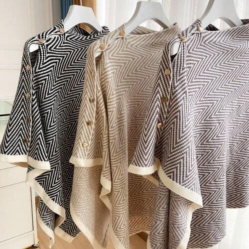 2021 spring and autumn fashion temperament new Korean version of wild long bib button striped knitted scarf shawl women