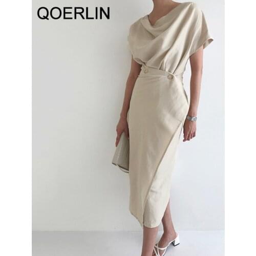 QOERLIN Irregular Midi Dress Women High Waist Sweet Vestidos Hot Pleated Button Dress Office Lady Elegance Summer OL Long Dress