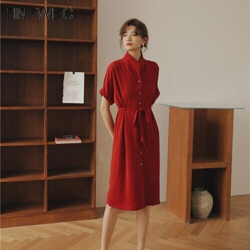 Wide red color short sleeves turn-down collar high waist single brested sashes shirt dress female vestido T958