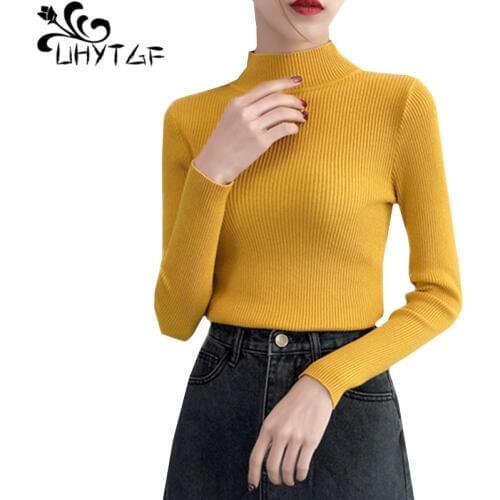 UHYTGF Winter woman sweater new turtleneck Knitted pullover Autumn sweater female Solid color slim Elasticity warm short top 754