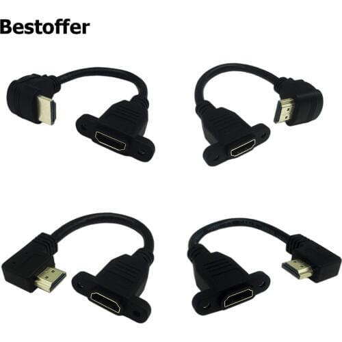15cm Left Right Up Down 90 Degree Angle HDMI 2.0 Male to Female Extension Cable with Screw Hole Panel Mount 4K Resolution