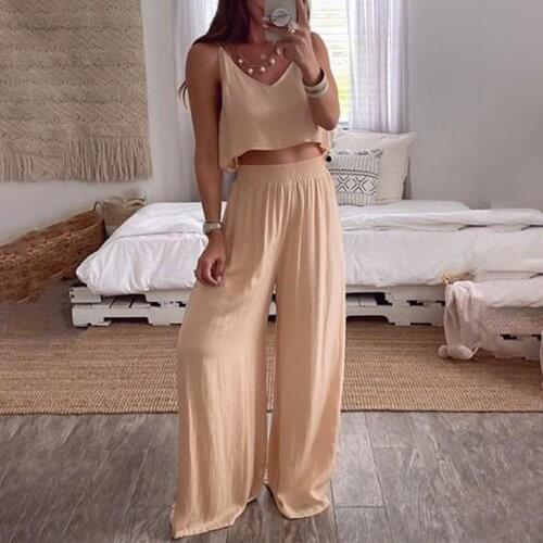 2pcs/Set Solid Color Outfits Women Pant Suits Sleeveless Short Top Loose Long Wide Leg Pants two piece set Women Tracksuits