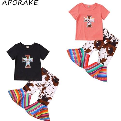 2021 0-5Y Casual Kids Baby Girl Clothing Short Sleeve T-shirt+Milk Striped Print Flare Pants Long Trousers Summer Outfits Set