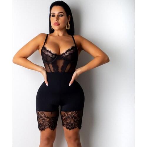 2020 Sexy Lace Bodysuit Women Backless Romper Black Bodycon Jumpsuit Overalls Elegant Skinny Party Club Bodysuit Short Playsuit