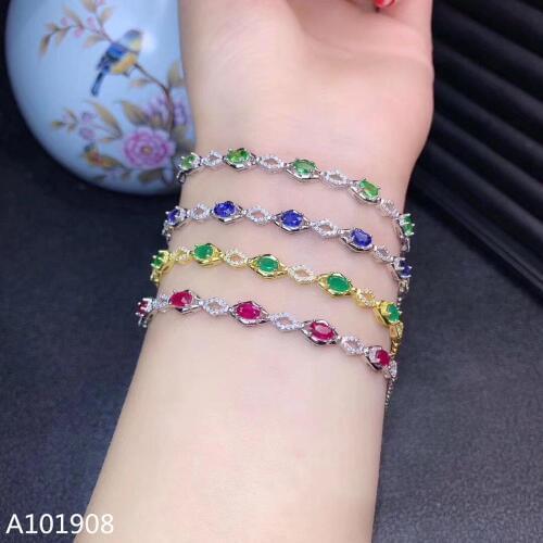 KJJEAXCMY boutique jewelry 925 sterling silver inlaid Natural Ruby Schafflerite Sapphire Emerald Bracelet support detection