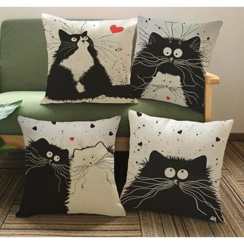 Cartoon Lovers Cats Black White Bearded Cute Feline Throw Pillow Case Home Sofa Car Pet Shop Decorative Cushion Cover 45x45cm