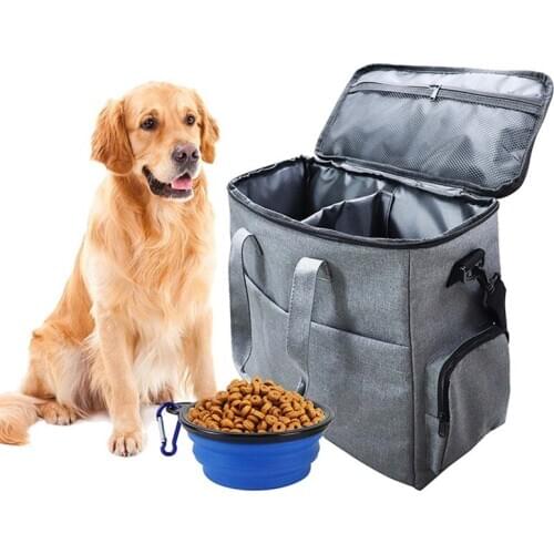 Pet Travel Shoulder Bag Multi-function Dog Food Tote Carrier Container Organizer with Collapsible Bowl Set for Hiking Camping