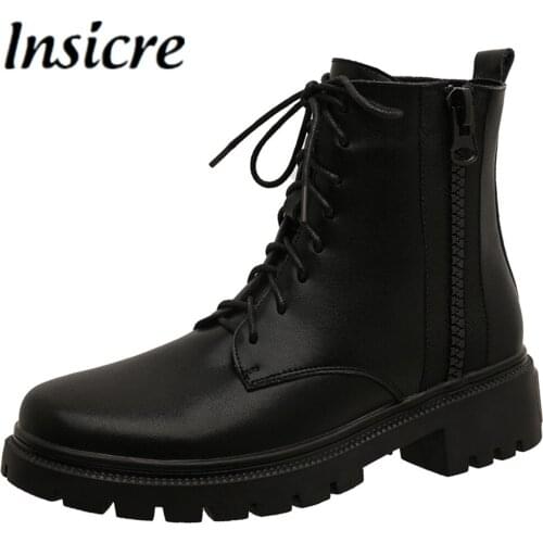 Insicre 2021 Women Round Toe Motorcycle Ankle Boots Genuine Leather British Style Mid Square Heels Lace Up Zipper Casual Shoes