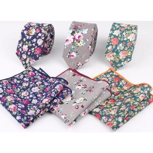 Rose Narrow Tie Hankerchief Set 100% Cotton Textile Ties Pocket Square Printing Floral Necktie Classic Skinny Flower Tie