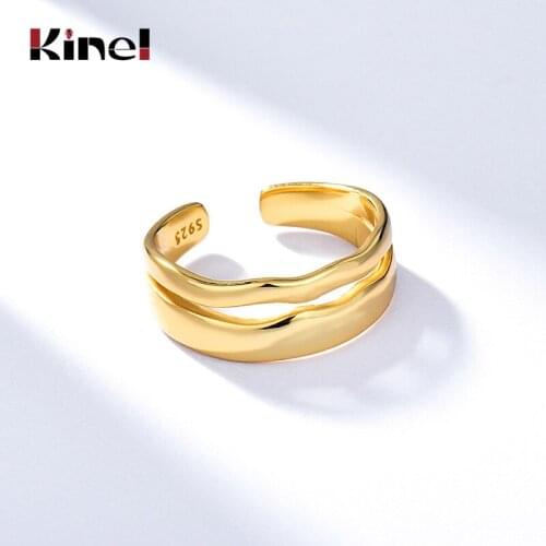 Kinel Silver 925 Jewelry Irregular Double-Layer Waves Rings for Women Open Adjustable 18K Real Gold Plated Anillos