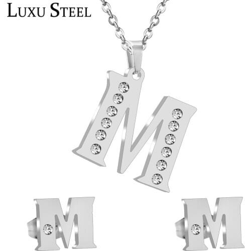 LUXUSTEEL Cubic Zirconia Letter Necklace Earrings Sets Female Accessories Stainless Steel Chains Necklace Collars Accessories
