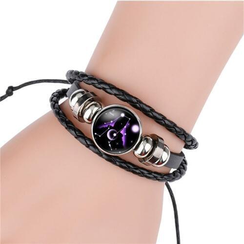 12 Constellation Zodiac Sign Black Braided Leather Bracelet Cancer Leo Virgo Libra Woven Glass Dome Jewelry Punk Men Bracelet