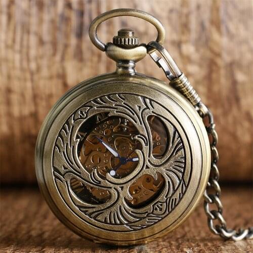 Bronze Hollow Pattern Display Mechanical Pocket Watch Hand Winding Retro Pendant Manual Mechanism Pocket Clock Gifts Male