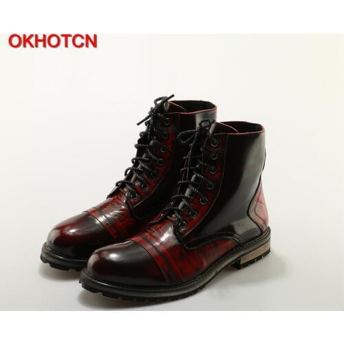 OKHOTCN 2018 New Mens Martin Boots Retro Lace Up Genuine Leather Boots British High Top Work Boots Oxfords Military Boots
