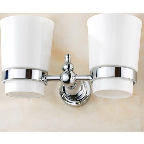 Wall Mounted Polished Chrome Brass Bathroom Toothbrush Holder Set Bathroom Accessory Dual Ceramic Cup mba908