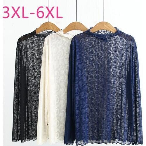 New spring summer plus size tops for women large loose long sleeve casual elastic cotton basic T-shirt blue black 4XL 5XL 6XL