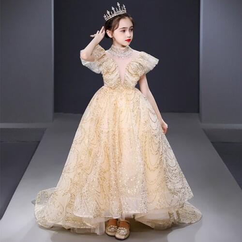 Girls dress baby walk show performance dress girls foreign style drag tail Princess Dress Baby Dress