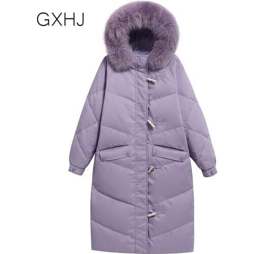 GXHJ big fur collar down jacket women long white duck down coat over the knee пуховик женский 2021 manteau femme Snow clothing