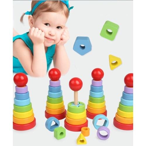 Rainbow Stacking Ring Tower montessori Toys Wooden Rainbow Tower Baby Toys Geometric Stack Cup Educational Puzzles Toy For Kids