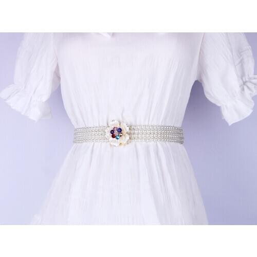 Belt for lady Women pearl Waist Elastic band braided colorful Rhinestone flower gold buckel white beads Weave female Accessories