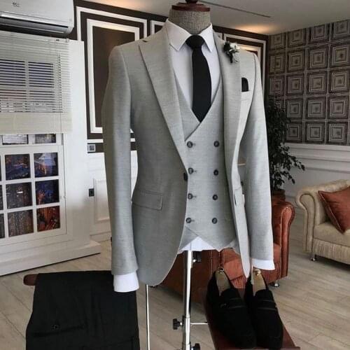 2021 luxury Grey Double Breasted Vest Costume Homme Men Suits For Wedding Groom Prom Best Man Blazer Masculino Slim Fit 3 Pieces