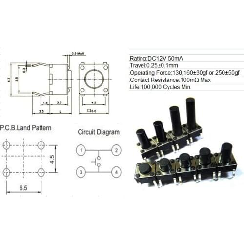 Tact Switch 6*6*4.3 mm DIP4 round ROHS PLASTIC ,H;4.3 mm new and original