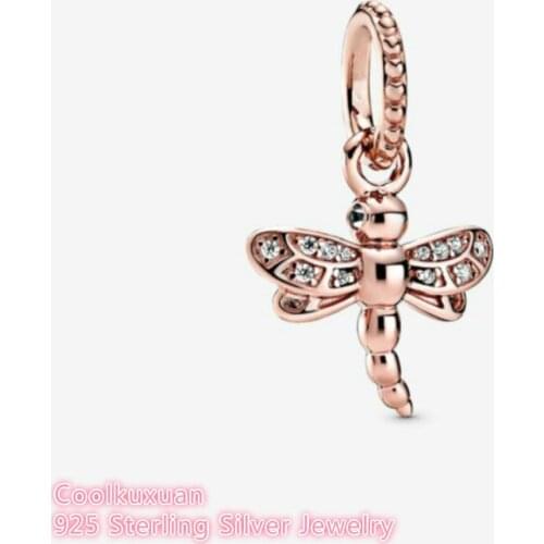 Spring 100% 925 Sterling Silver Sparkling Dragonfly Pendant Rose Gold beads Fits Original Pandora bracelets Jewelry Making