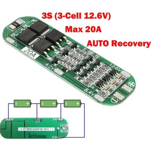Li-ion Lithium Battery 3S 20A 18650 Charger Protection Board PCB BMS 12.6V Cell Charging Protecting Module AUTO Recovery DIY Kit