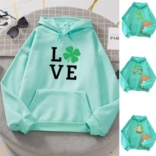 Harajuku Letter Printed Green Hoodies Oversized Thick Fleece Warm All-match Hooded Sweatshirt St. Patricks Day Ulzzang Pullover