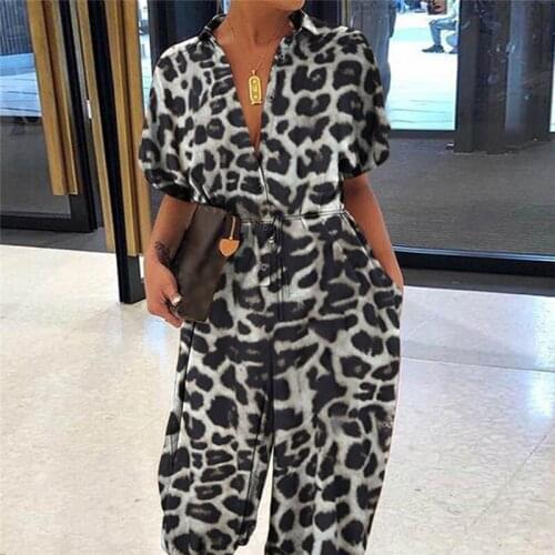 Ladies Leopard Print Jumpsuit Retro Womens Short-sleeved Button Decor Casual Loose Playsuit For Female