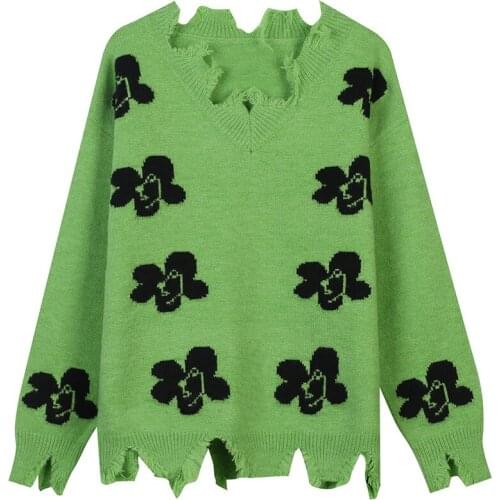 2021 Autumn Winter Women Sweater Pullovers Loose V-Neck Streetwear Knit Tops Casual Jumper Jersey Floral Harajuku Korean Clothes