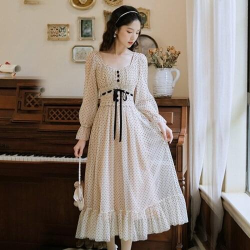 Vintage Gentle Wind Sweet Polka Dot Dress 2021 Autumn New Womens Puff Sleeve Square Neck Ruffle Mesh Princess Dress