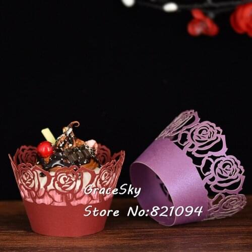 50pcs free shipping Laser Cut pearly Flower Rose Wedding Cupcakes Wrappers Baking Cakes Wrappers Birthday Party Cake decoration