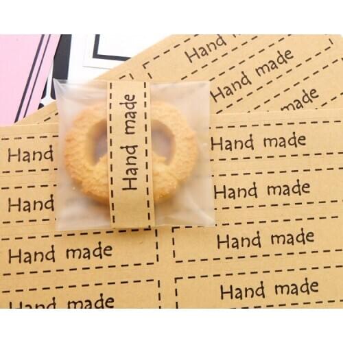 600pcs HAND MADE with Stitch border Kraft brown Rectangle Sticker Labels Seals Seal Box Envelope Gift Wrapping Baking Cake