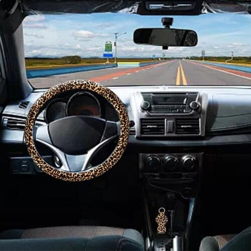 Car Accessories Interior Decoration Steering Wheel Cover Set Waterproof Anti-skid Leopard Print Protector With Keychain Cover