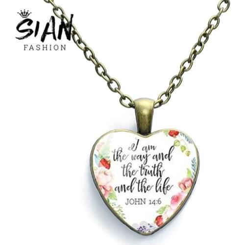 SIAN I Am The Way And The Truth And The Life John 14:6 Necklace Glass Cahochon Bible Verse Christian Quote Necklace Faith Gifts