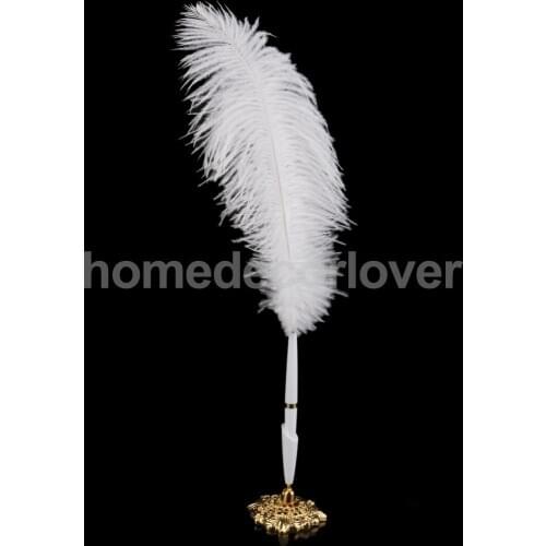 White Ostrich Quill Feather Signing Pen & Gorgeous Holder Wedding Guest Book