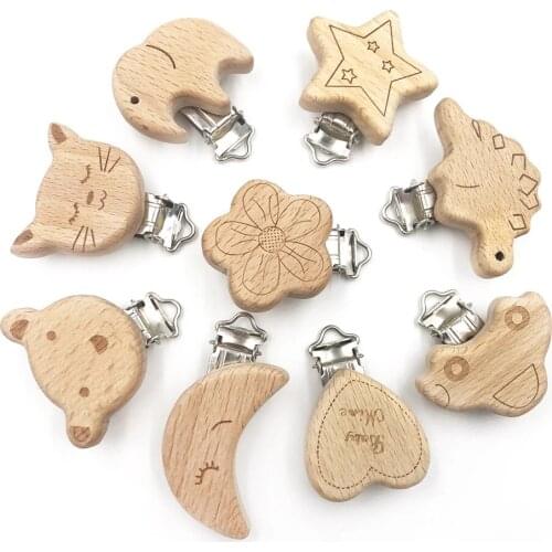 Natural Beech Wooden Baby Pacifier Clips Beads DIY Cute Cartoon Safe Teething Chain Accessories Star Bear Elepant Cat 3Pcs/lot