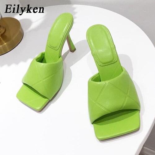 Eilyken Green Summer Cozy Square Toe Women Slippers Fashion Ladies Mules Elegant Female Thin High Heels Outdoor Slides Shoes