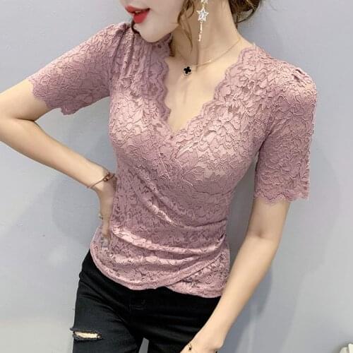 Short Sleeve Lace T-Shirt New 2021 Summer Fashion Casual Hollow Out Womens Tops Sexy V-Neck Plus Size tshirt Blusas